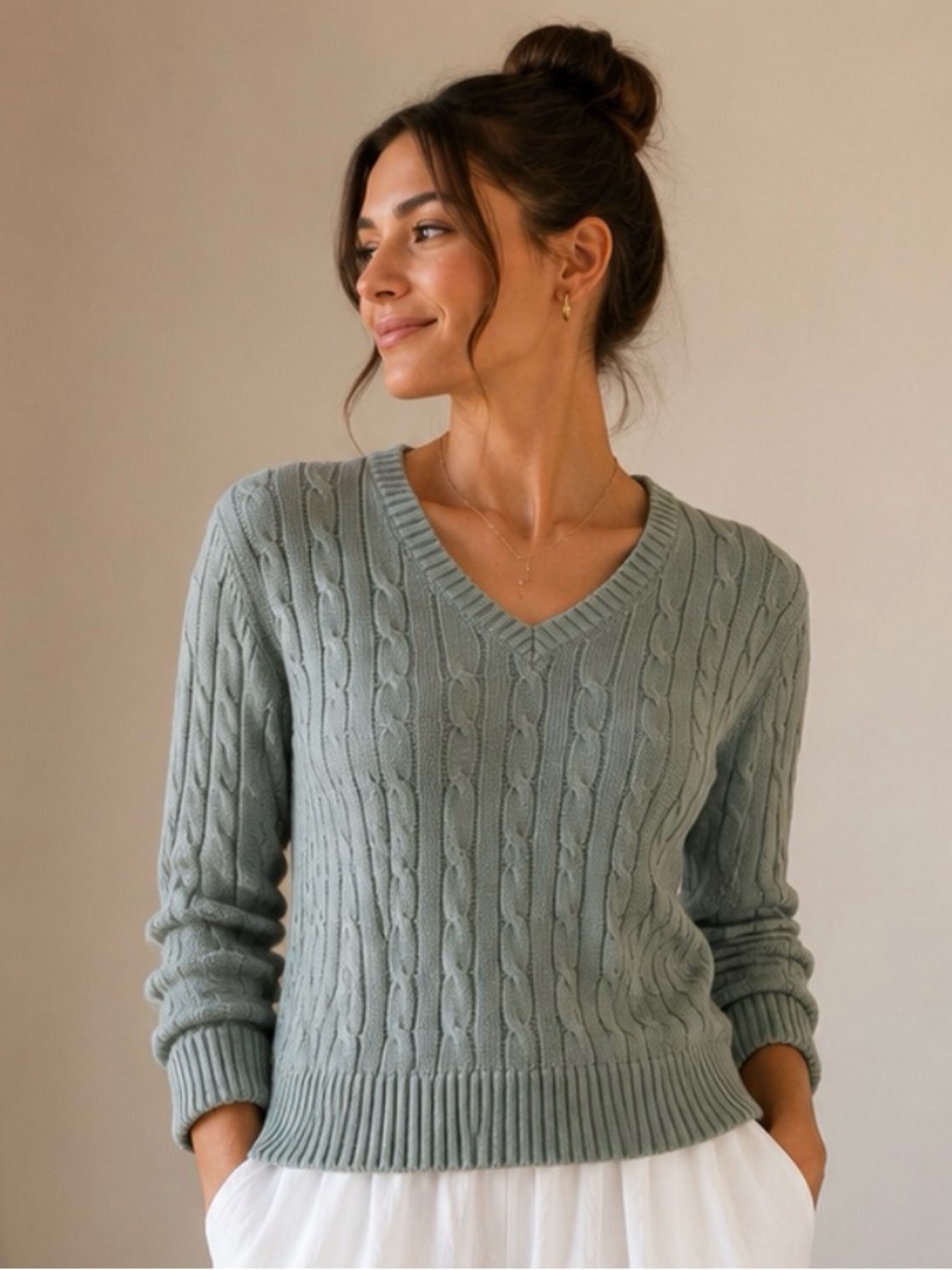 Tommy Hilfiger Pale Blue Cable Knit V-Neck Sweater
